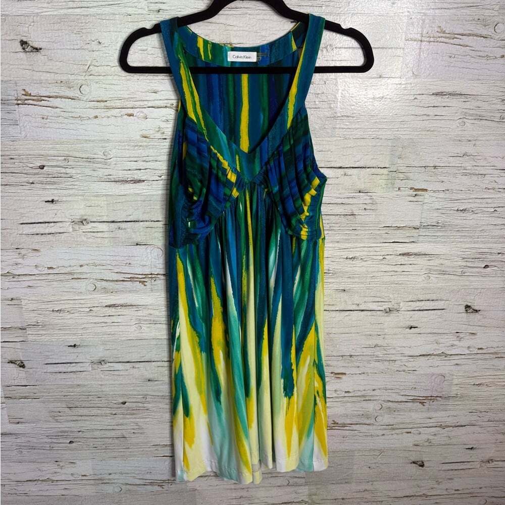 Calvin Klein blue/green/yellow abstract stripe jersey dress size 12